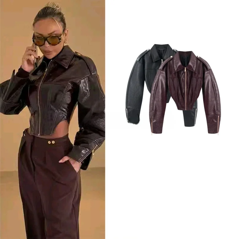 

Spring New Women's American Motorcycle Style Stand Collar Long Sleeve Shiny PU Leather Jacket Outerwear Slimming Effect