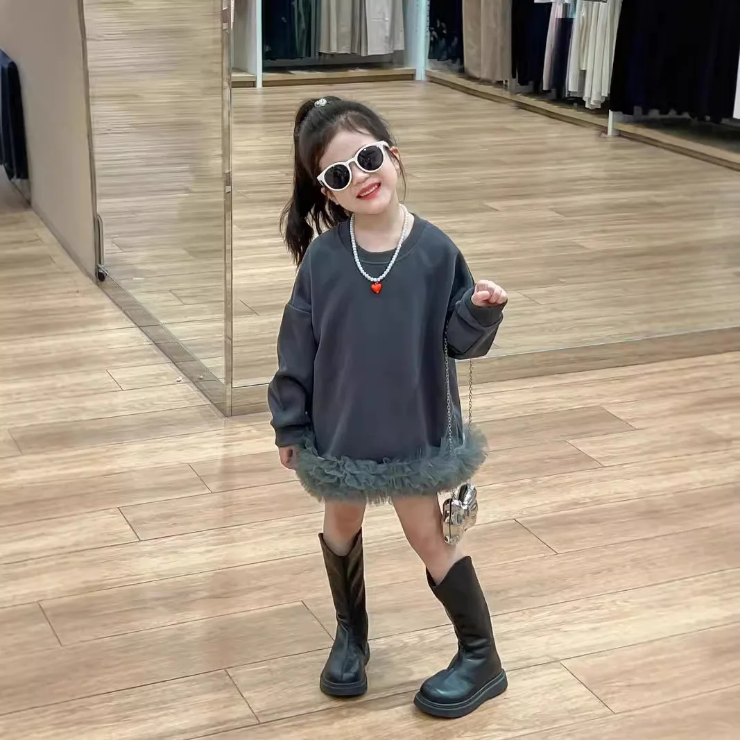 

Girls Skirt 2025 Autumn New Children's Clothing Korean Style Girl Baby Sweet Splicing Mesh Gauzy Hoodie Dress Casual Simple