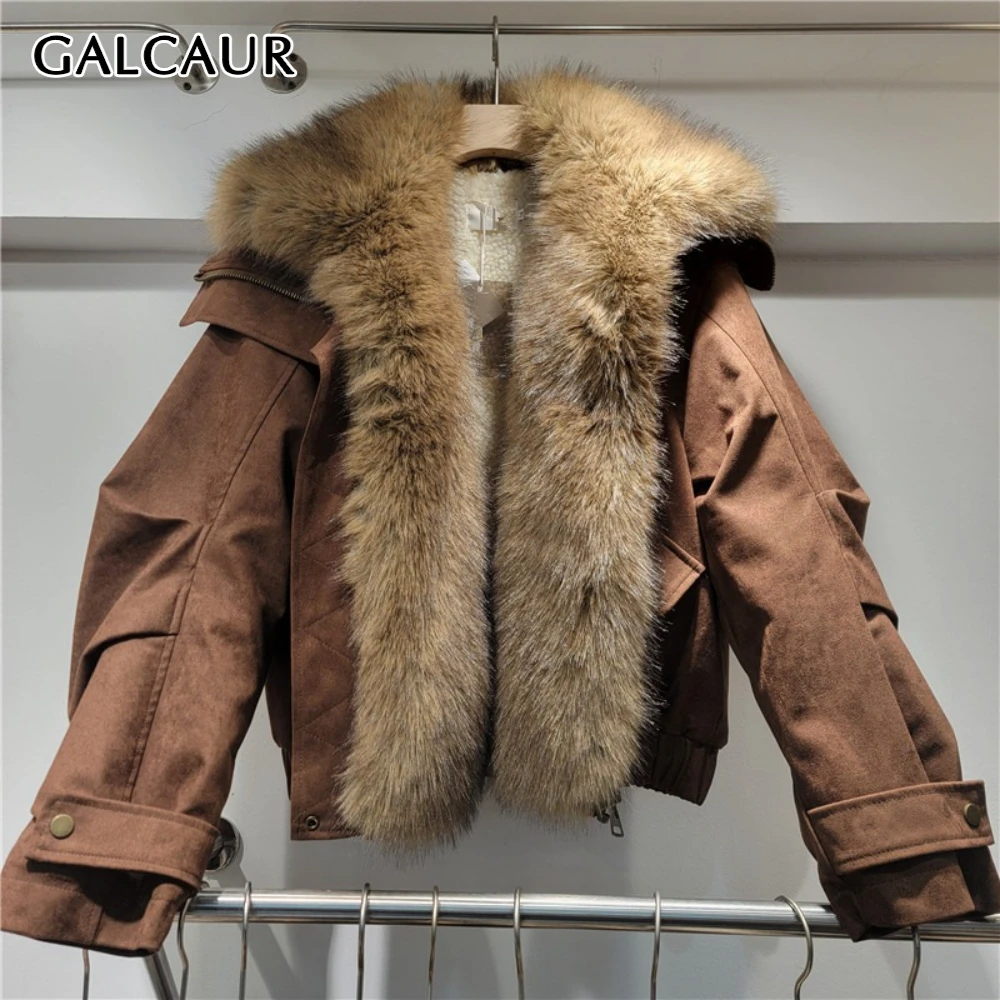 سترة أنيقة من الفرو مقسمة من GALCAUR سترة نسائية فضفاضة بأكمام طويلة وتصميم ملابس الشارع الشهير سترات نسائية للخريف نمط جديد على الموضة