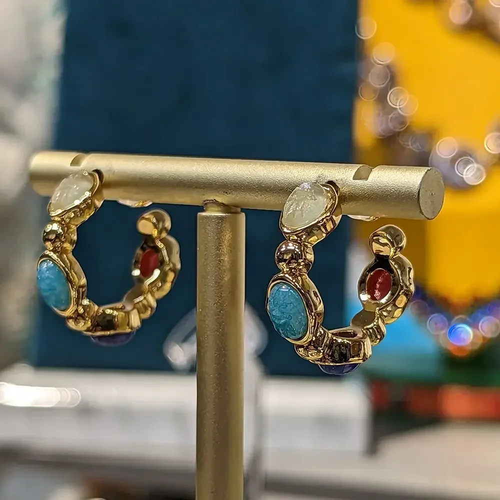 AB Vintage Natural Stone Hoop Earrings for Women in Colorful Design