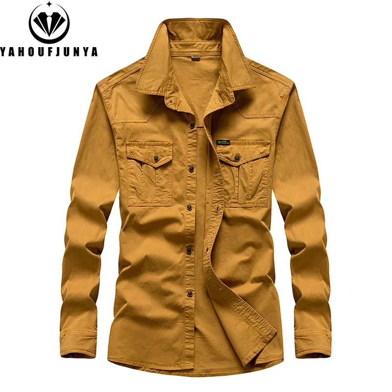 Men Spring Long Sleeve Cargo Casual Cotton Lapel Blouses Men Outdoors High-Quality Design Fashion Brand Clothing Shirt Male Coat