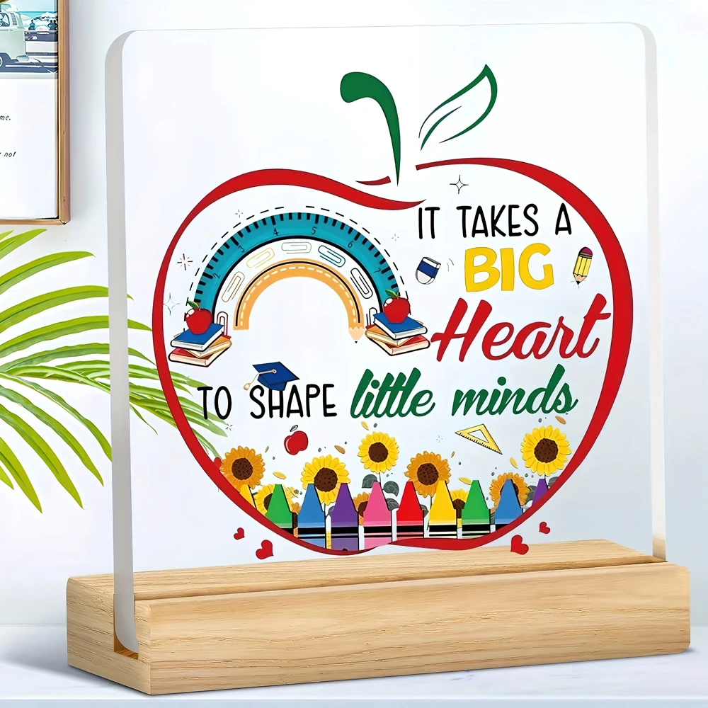 Letrero Acrílico de Agradecimiento para Maestros - "Se Necesita un Gran Corazón para Moldear Mentes Pequeñas" Decoración de Escritorio con Temática de Manzana y Base de Madera