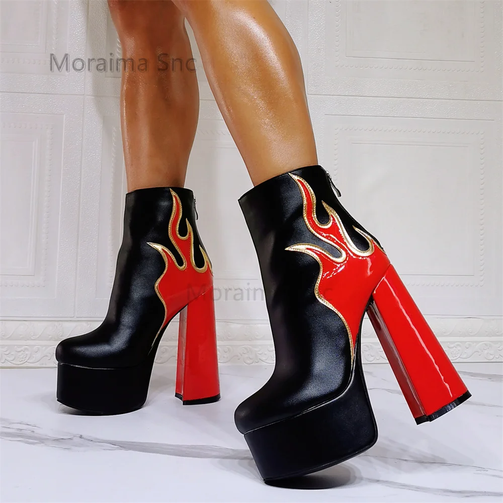 

Flame Totem Platform Ankle Boots for Women High Heels Round Toe Mixed Colors Zipper Leather Short Boots Chunky Heels Shoes