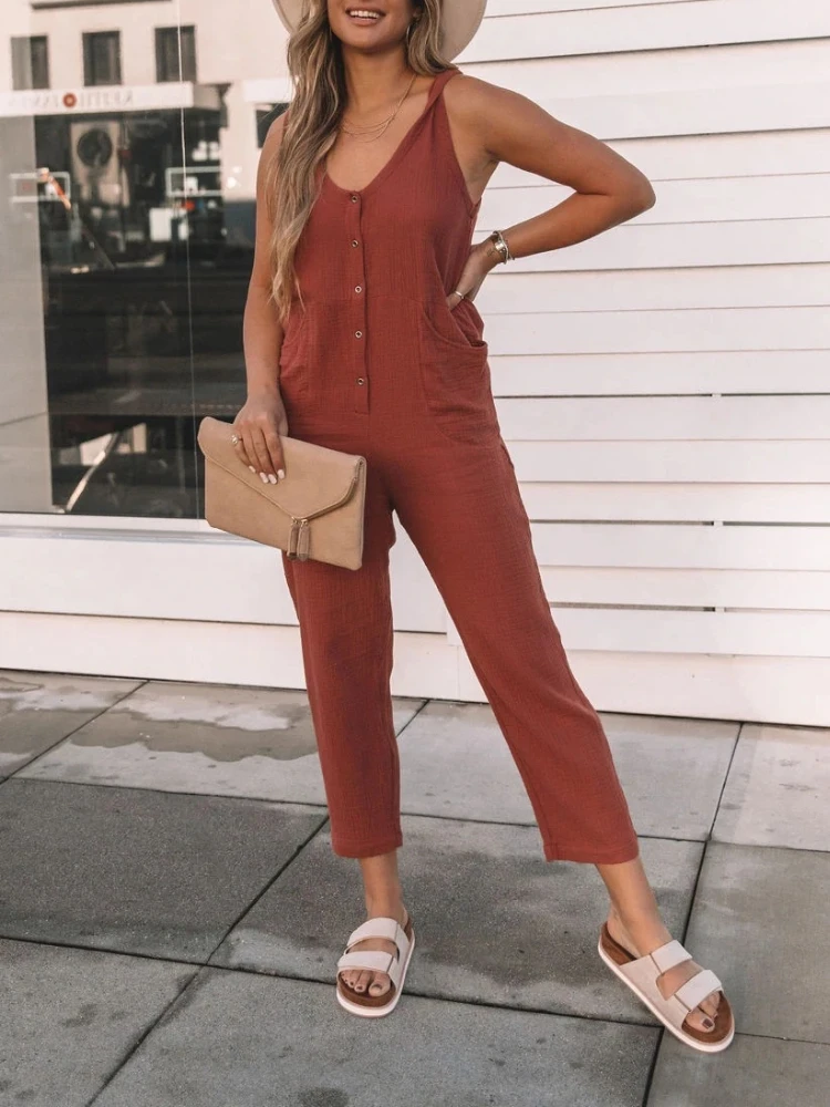 

Women's Work Overalls Casual Loose Dungarees Women Sleeveless Safari Jumpsuits Female Solid Color Buttons Pockets Jumpsuit 2023