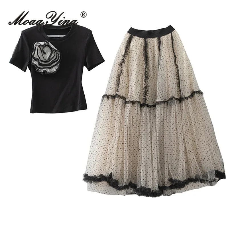 MoaaYina Top patchwork estivo a maniche corte con scollo tondo + gonna a pieghe a pois in rete Set da due pezzi