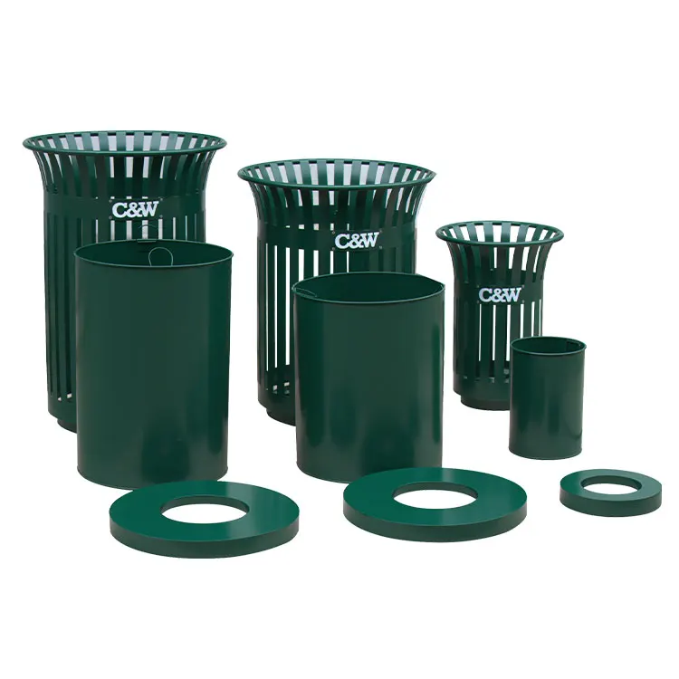 round slatted steel big public garbage can container outdoor street iron recycling dustbin park metal commercial waste trash bin