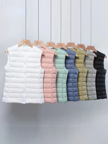Chaleco de plumón de pato blanco ultraligero para mujer, abrigo fino sin mangas, chaqueta con cuello en V O cuello redondo, novedad de invierno 2023