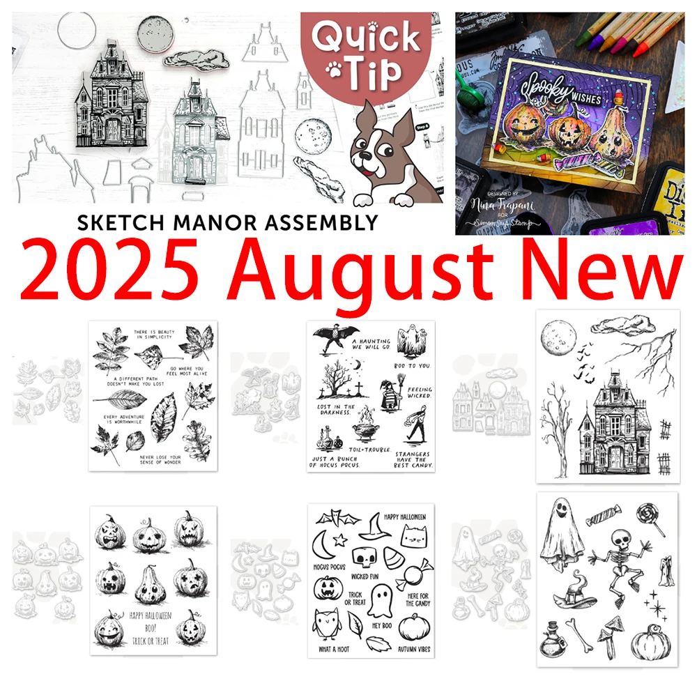 

2025 August New Dies and Stamp Set Halloween Doodles Tiny Frights Pumpkinhead Die Sketch Manor DIY Scrapbooking Diary Sketchbook