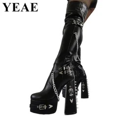 Gothic Chain Thigh High Boots Women Rivet Platform Chunky Motorcycle Boot Buckle Strap Over The Knee High Heels Punk Long Boots