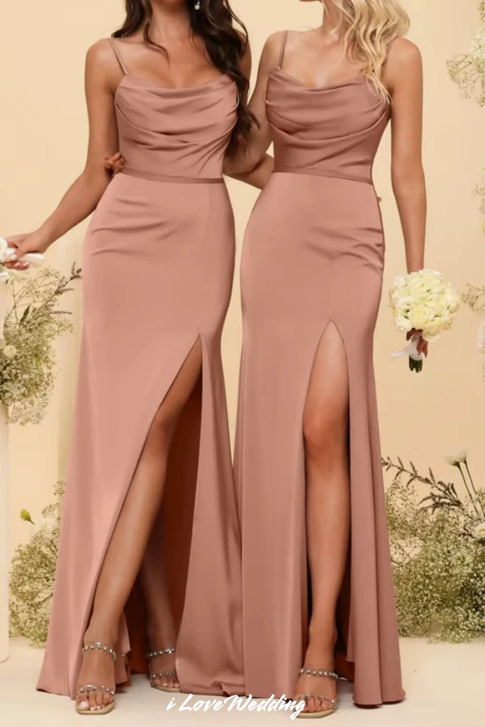 Satin Adjustable Spaghetti Straps Bridesmaid Dresses Side Slit Pleated Boat Neck Prom Dress 2026 Wedding Party Dress Customized