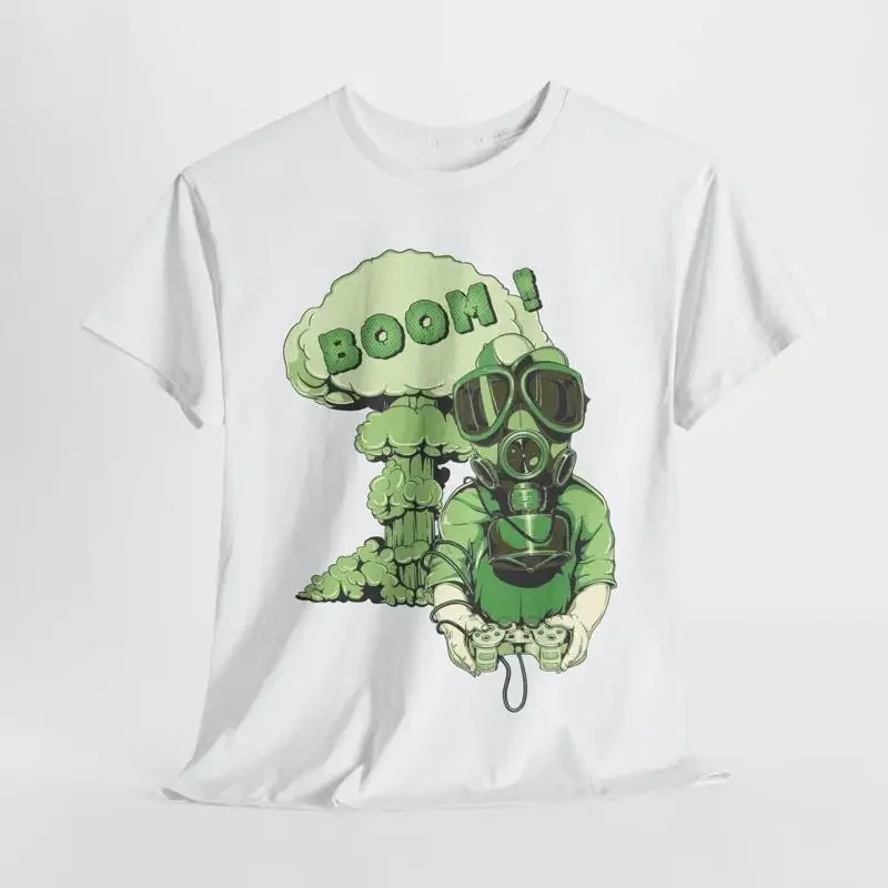 Apocalyptic Gamer Men's T Shirt Gas Mask Design and Bold Cartoon Explosion Art