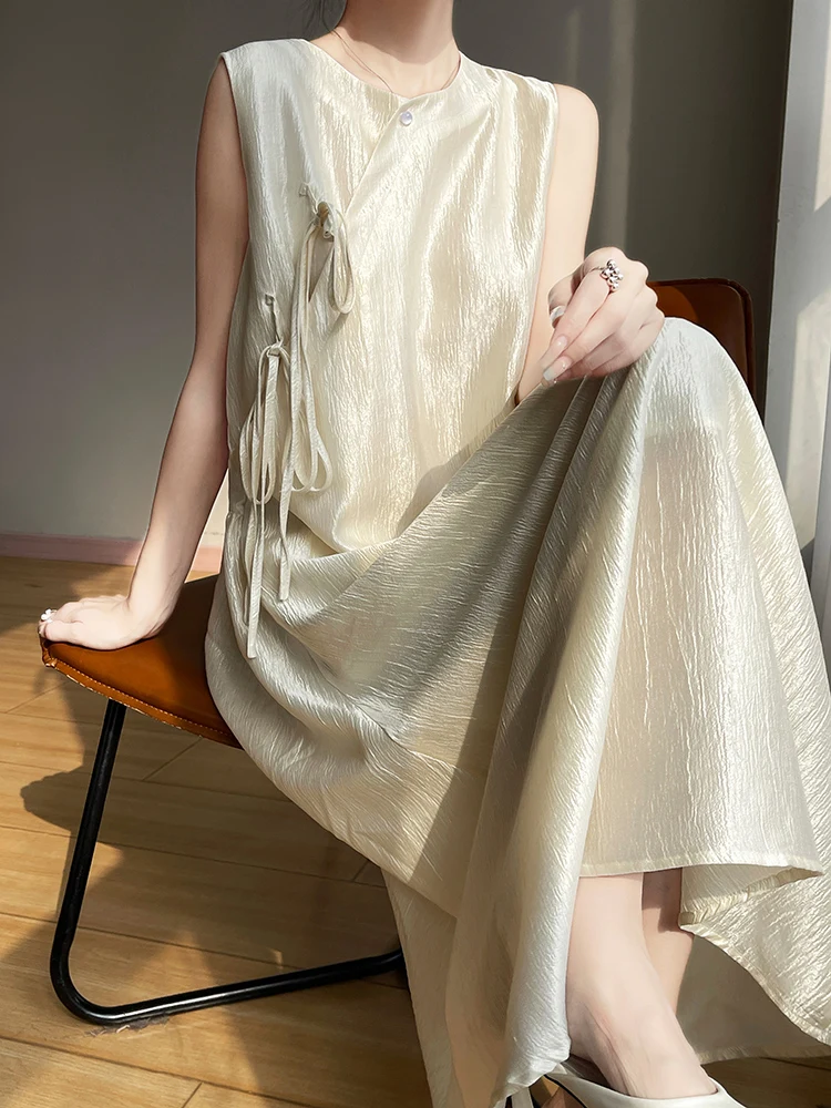 

Silk Acetate Satin round Neck Dress Women's Design Sensation Pure Color Midi Skirt Sleeveless Vest Dress Commute Suitable