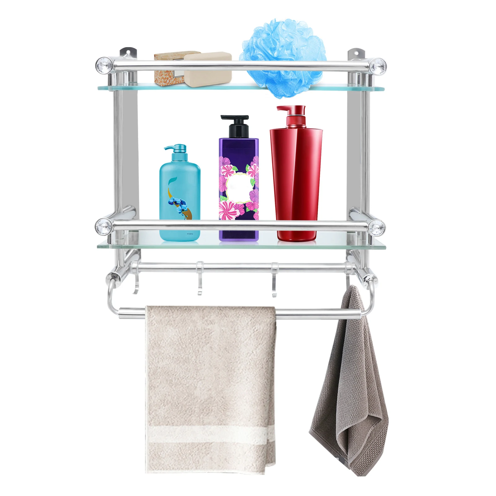 Towel Rack 3 Tier Wall Mounted Bathroom Storage Glass Shelf with Towel Bar