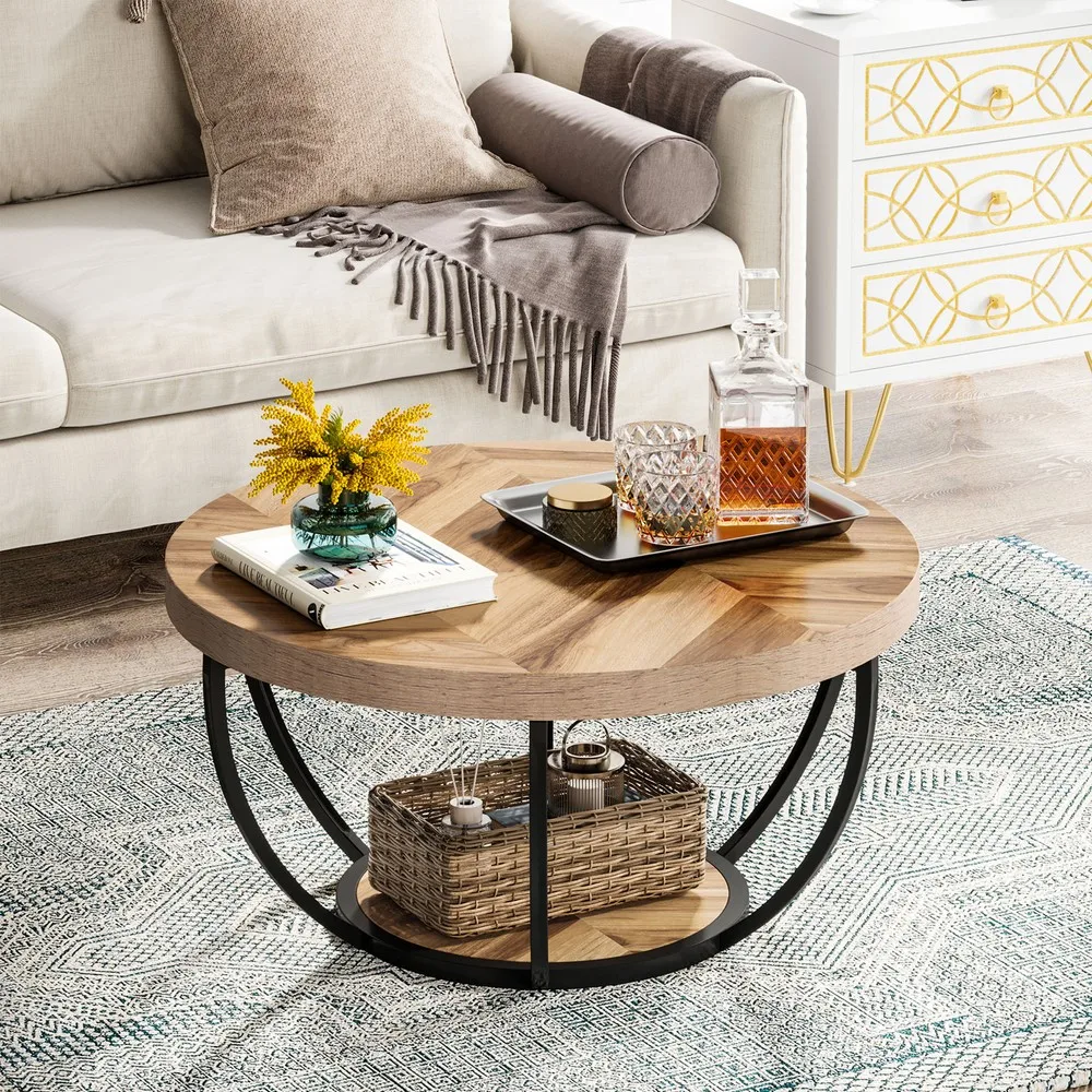 2-Tier Coffee Table with Storage for Living Room, Round Wood Sofa Center Table