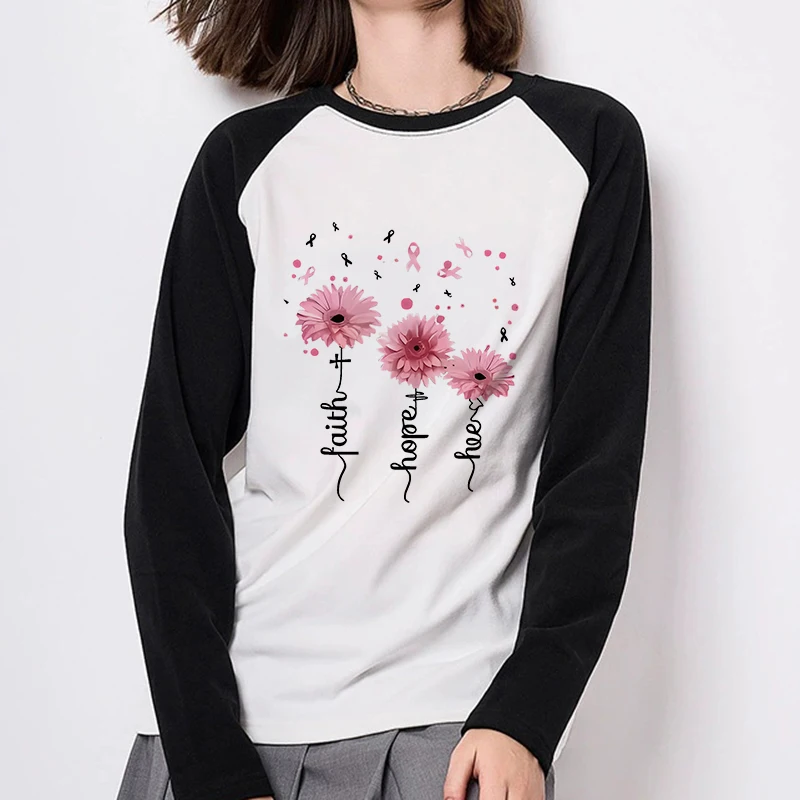 Lässiges Damen-T-Shirt mit Rundhalsausschnitt und langen Ärmeln, für alle Jahreszeiten, koreanischer Stil, T-Shirt, Kleidung, rosa Sonnenblumen-Glauben-bedrucktes T-Shirt