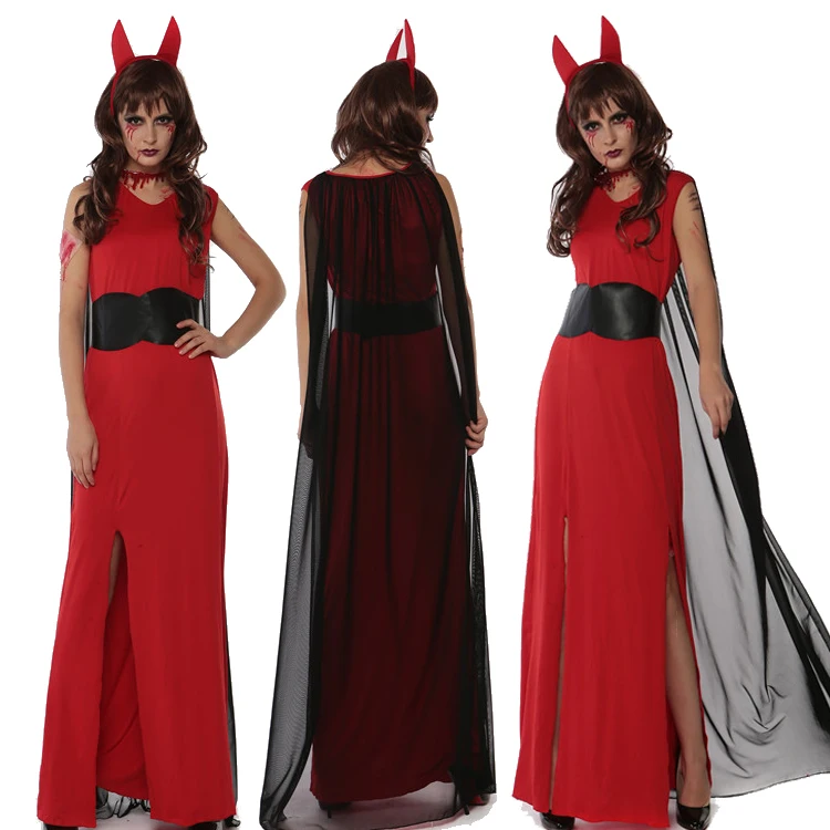 زي أداء المسرح للسيدات، تنورة حمراء ساحرة الشيطان للهالوين، سيدة سحرية طويلة، ملابس أداء السيدات