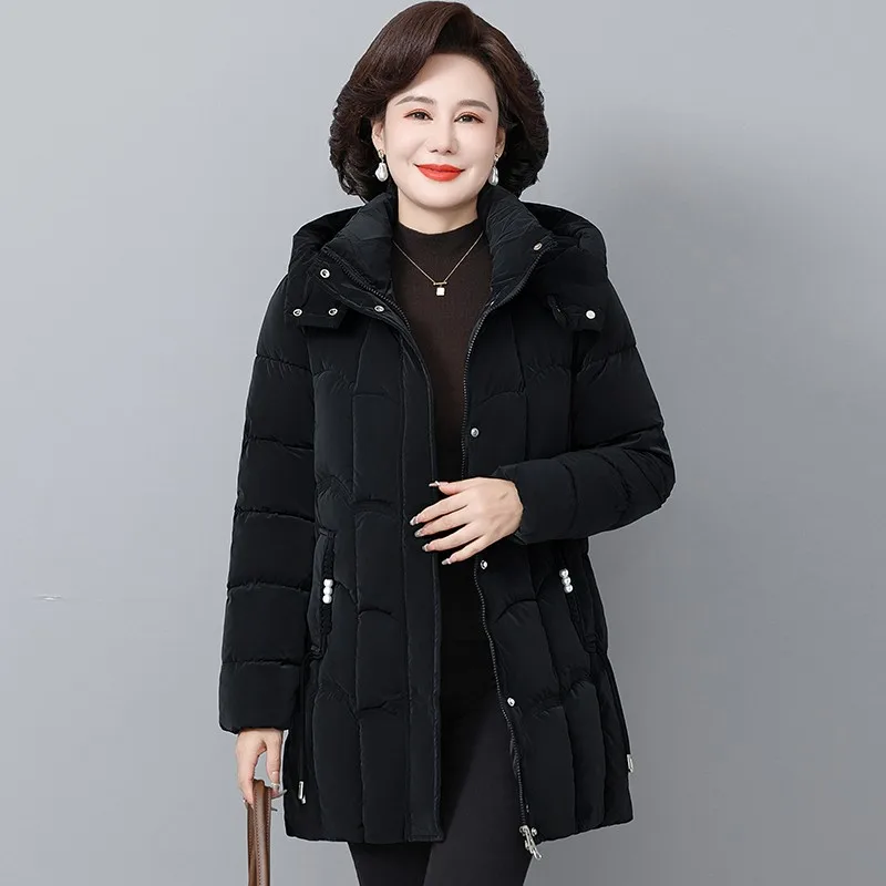 Inverno nuove donne giacche ispessite piumino di cotone Parka trapuntato con cappuccio tasche lunghe cappotto soprabito femminile di mezza età