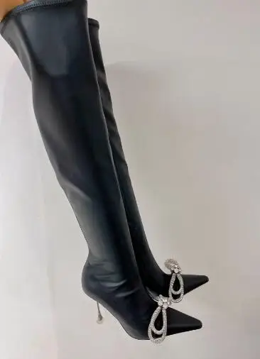 Moraima Black Leather High Heel Boots Sexy Pointed Toe Butterfly-knot Thigh High Boots Women Thin Heels Long Boots