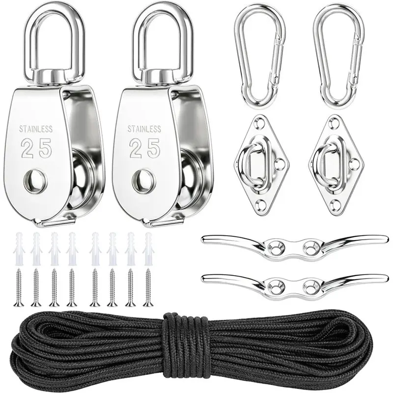 【THANKSGIVING DAY】M25 Stainless Steel Pulley System Block Kit Nylon Rope Eye Pad Plate And Hooks For Sun Shade Sail, Clothesline