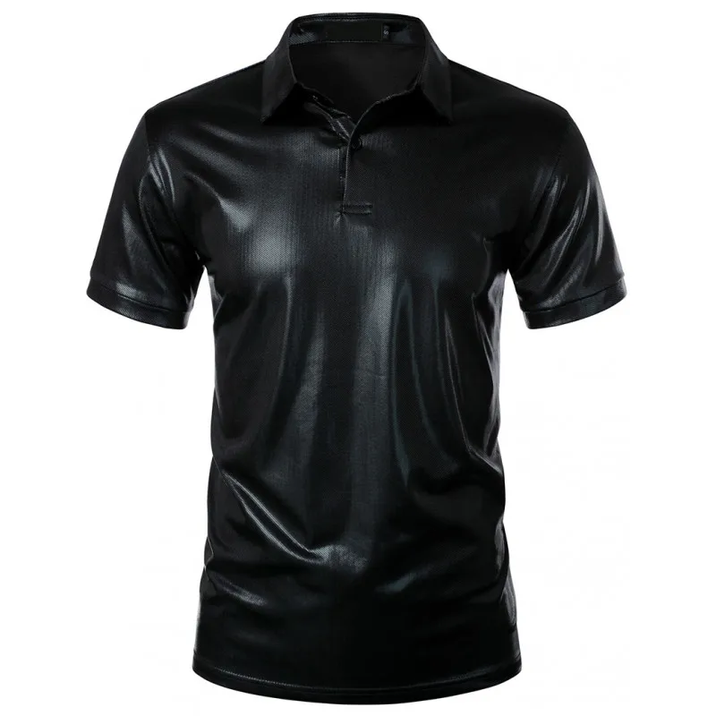 Summer Men's Shiny Metallic Short Sleeve Polos Fashion Hot Stamping Stage Costume Dance Nightclub Party Polo Shirt