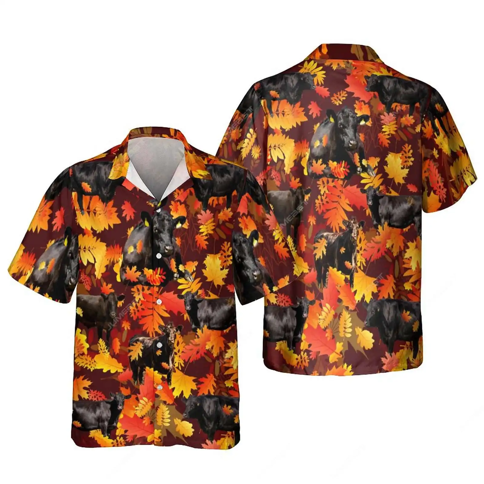 Jumeast Black Red Angus Aloha Men Shirts Tropical Flowers Farm Highland Leaves Longhorn Cattle Beach Hawaiian Blouses Clothes