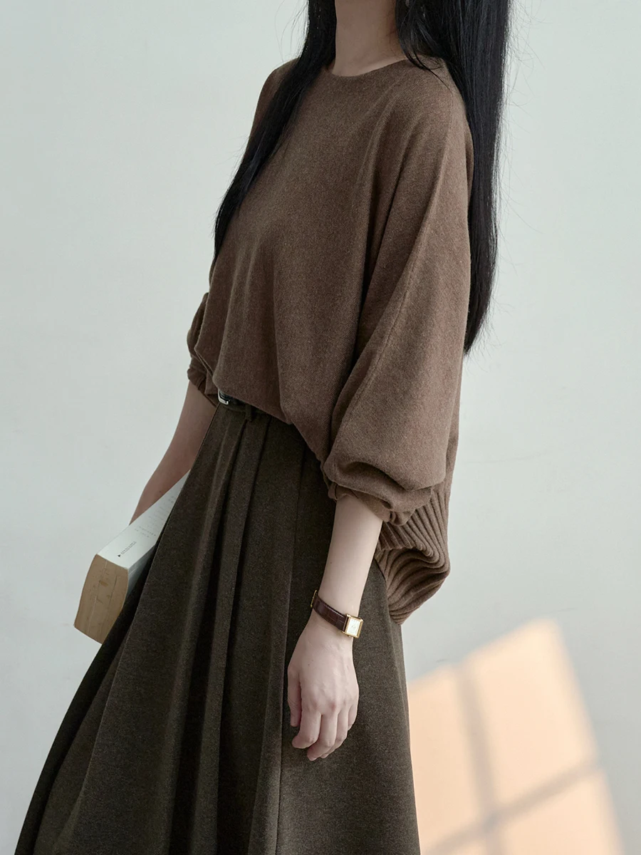 

Artistic Simptic Wool Silk Knitted irt Cover up Seven Sve round Ne Regular Length Loose Fit Women's Faion