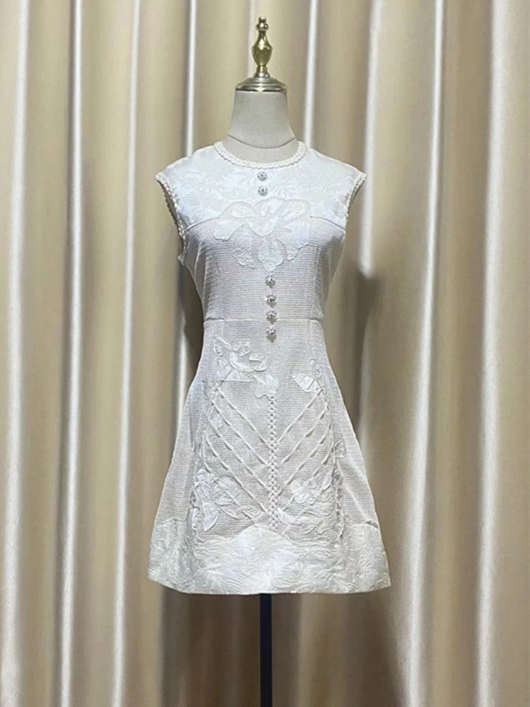 Elegant เย็บปักถักร้อย Splicing ชุดเดรสสายฤดูใบไม้ผลิผู้หญิงแขนกุด O คอชุดมินิฤดูร้อนเอวสูงซิปหลวมชุดสั้น