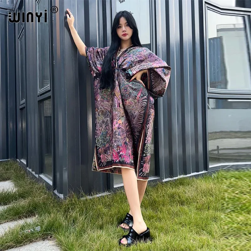 

2024 WINYI Bohemian Beach Sexy V-neck Dress High Quality Double Sided Boho Print Elegant maxi dress Women Evening party kaftan