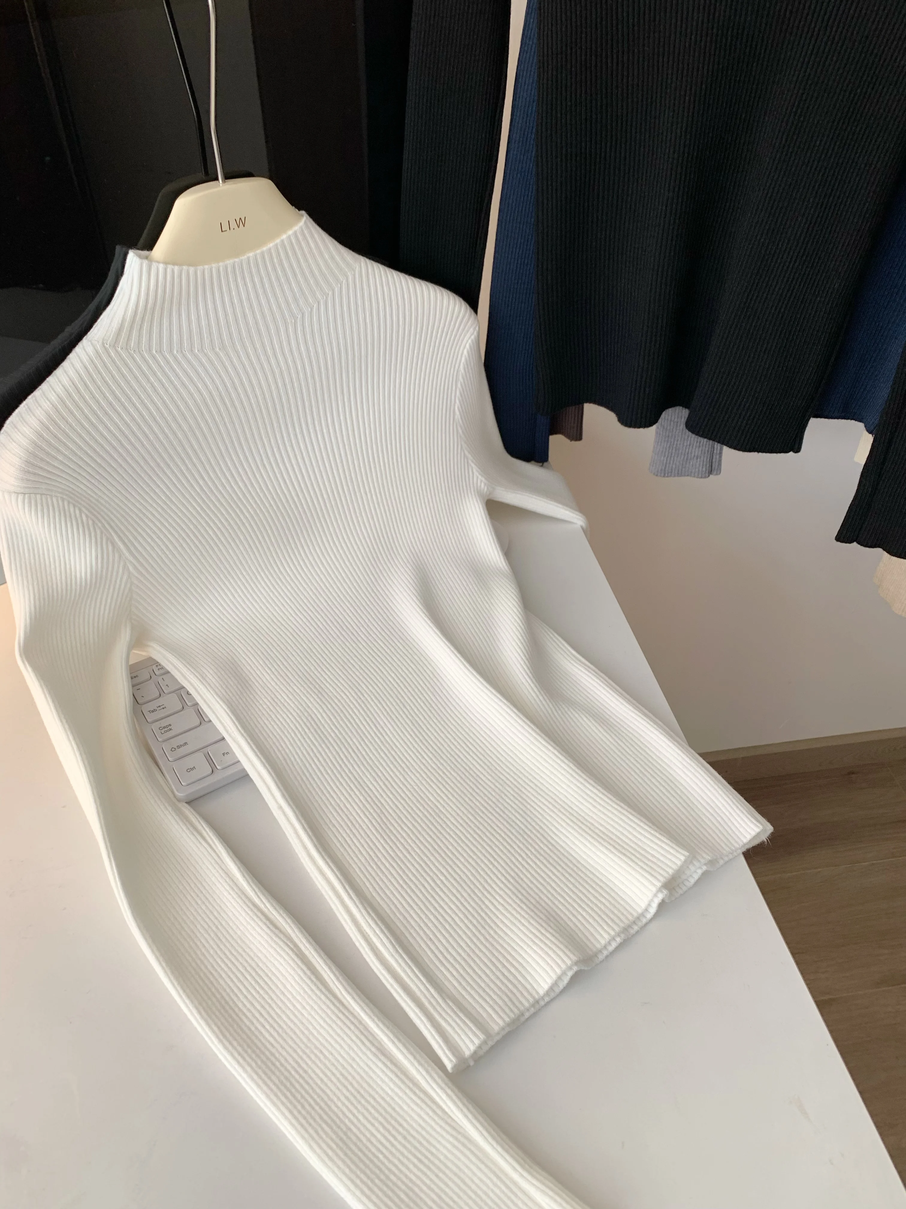 Otoño Invierno mujer manga larga Jersey de punto cuello alto acanalado manga larga suéter suave cálido mujer Jumper ropa de mujer