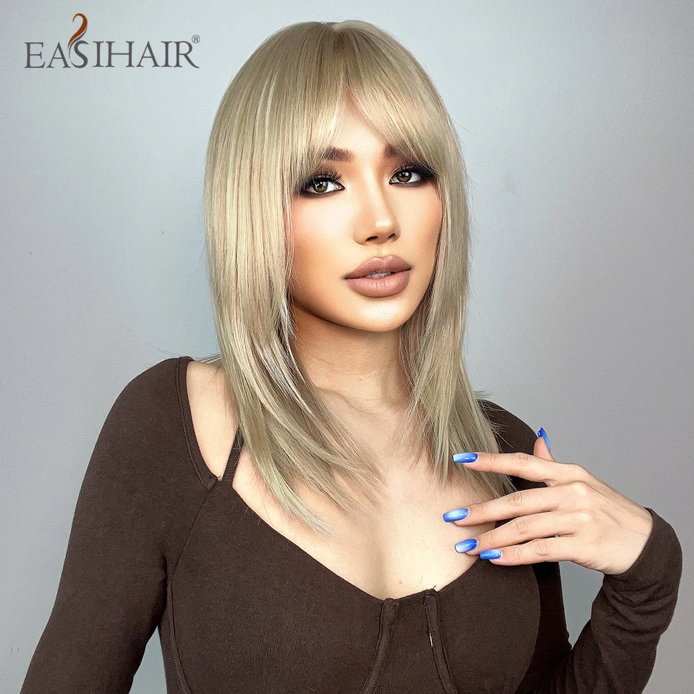 EASIHAIR-Perucas sintéticas retas louras douradas com franja para mulheres, comprimento médio, cabelo em camadas, cosplay diário, resistente ao calor