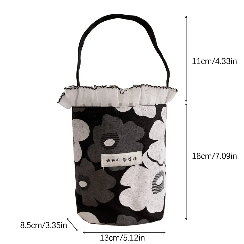 Korean Style Lace Canvas Handbag Cute Sweet Temperament Bucket Bags Portable Outing Picnic Bag For Women Girls Student Lunch Bag