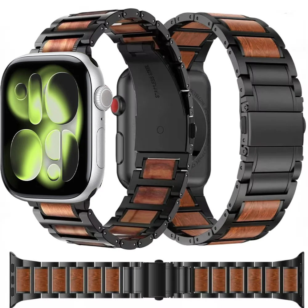 

Деревянный + металлический ремешок для Apple Watch 11 10 46 мм 42 мм/Ultra 3 2 1 49 мм Браслет iWatch Series 9 8 7 6 5 4 SE 44 мм 45 мм 41 40 мм Ремешок