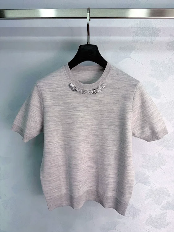 Luxury Beaded Light Heather Grey Cashmere Blend Knit Top Elegant Crystal Neck Short Sleeve T-Shirt