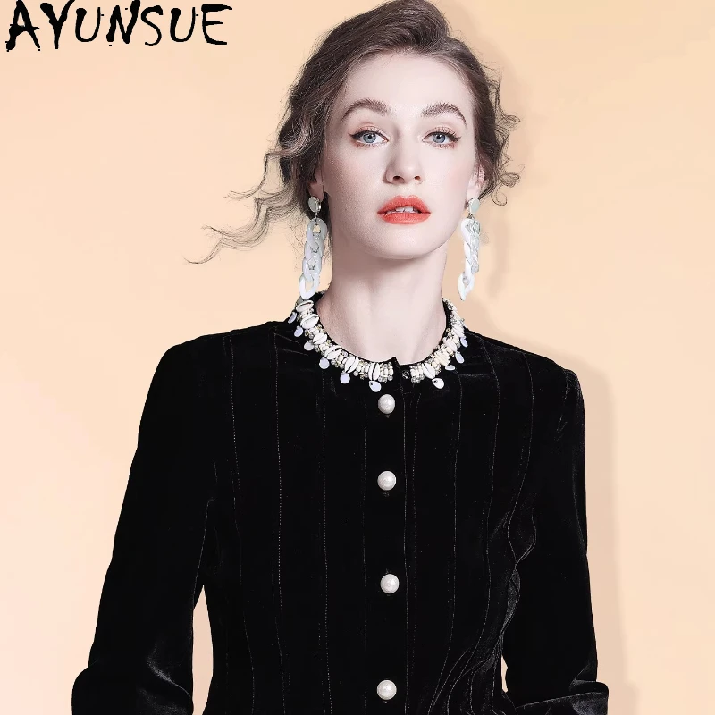 

AYUNSUE 100% натуральные шелковые топы для женщин, весна 2026, новинка, шелковое бархатное пальто с длинными рукавами, модное пальто в корейском стиле, Roupas Femininas