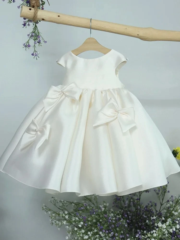 Vestidos de princesa de Color liso para niños, ropa de verano de lujo con lazo de Boda sin mangas, vestido de noche de cumpleaños para niñas blancas