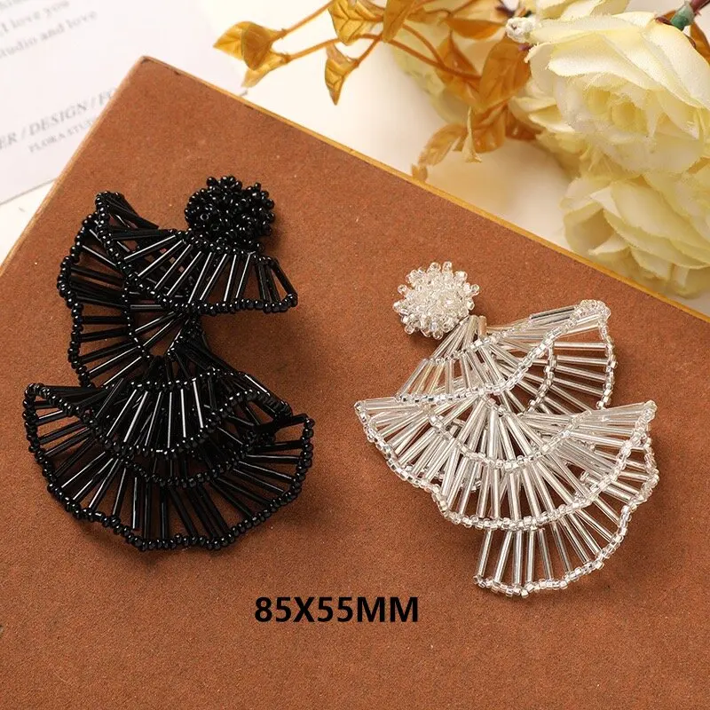 Black Glass Beads Beaded Fan Dangle Pendant Embellishment Accessories 2pcs Vintage Wholesale Wedding Ornament Bulk Supplier