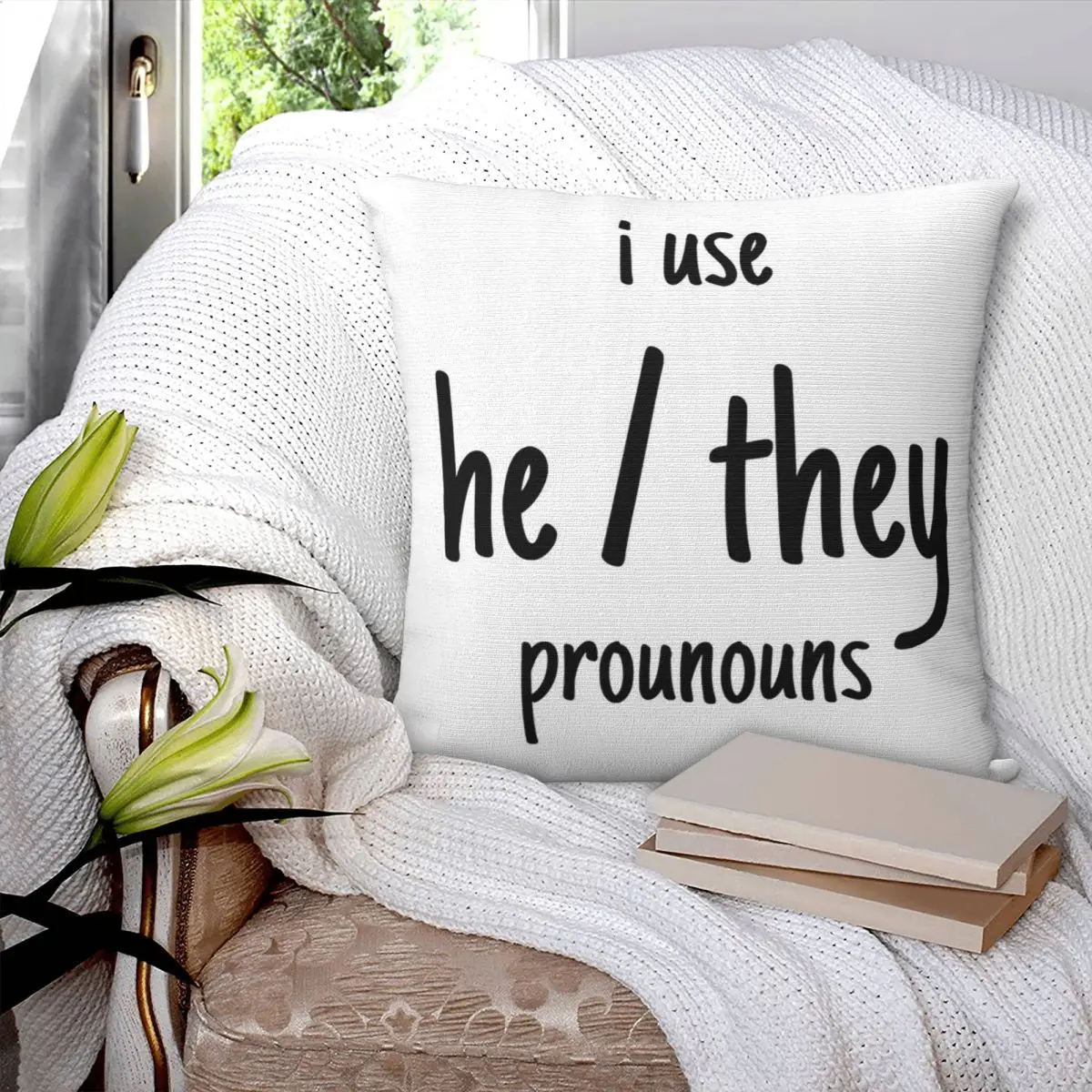 He They Pronouns Square Pillowcase Pillow Cover Polyester Cushion Decor Comfort Throw Pillow for Home Sofa