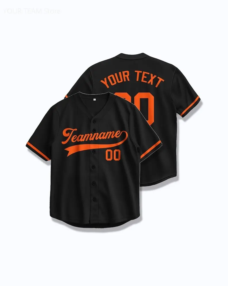 Custom Baseball Jersey Black Orange Personalized Button Down Team Shirt with Name and Number Heat Press or Embroidered