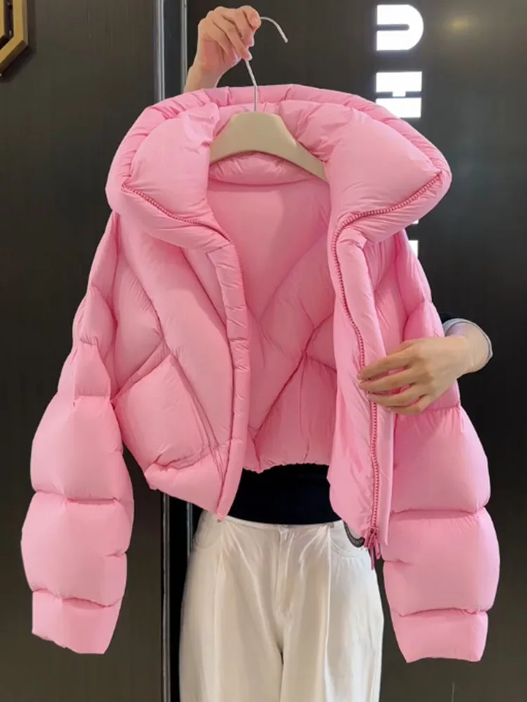 Coréen Sle ort rose vers le bas Jaet femmes hiver Thiened pain Sle col montant manteau Ci décontracté longue fermeture éclair