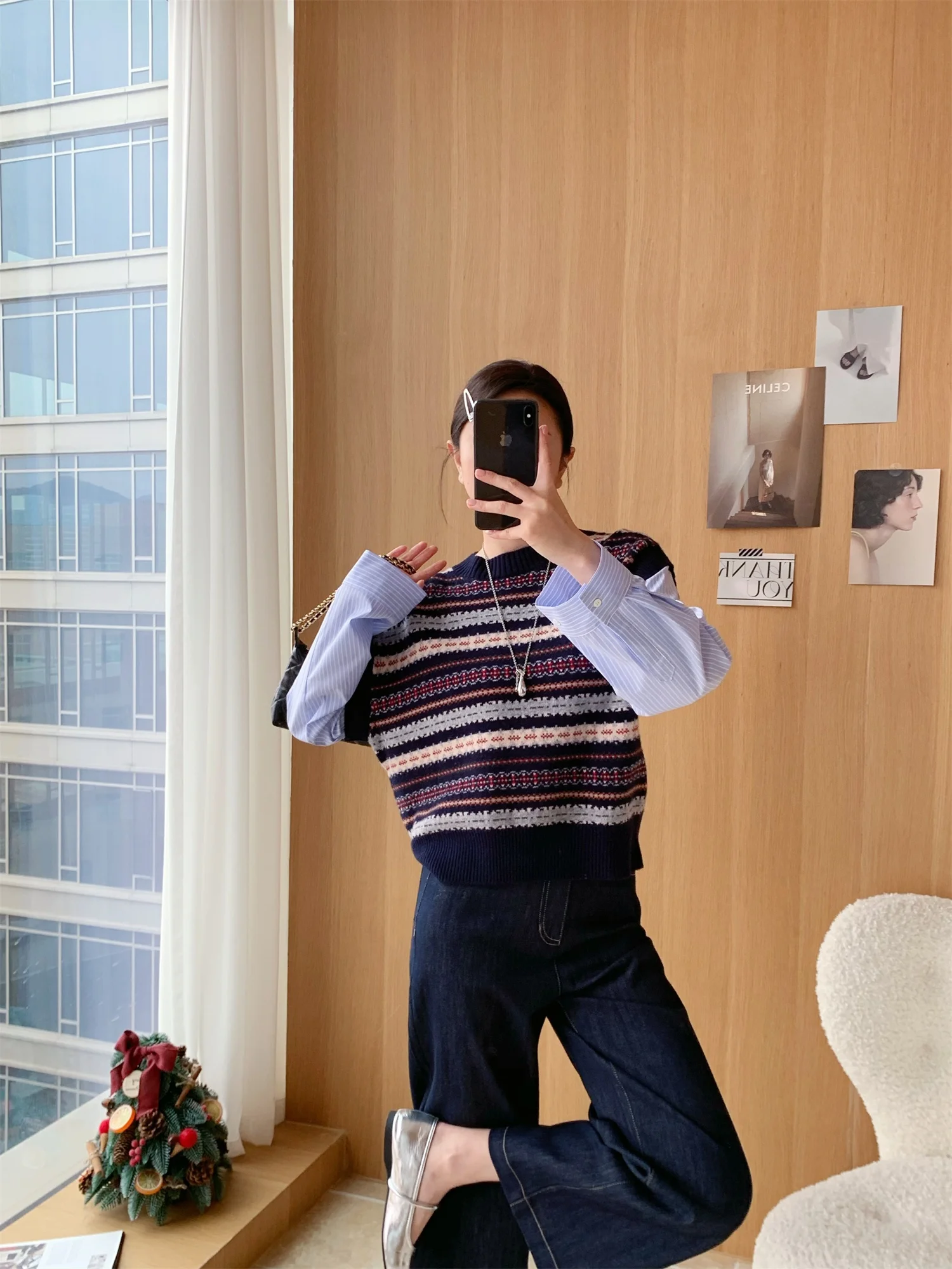 

FlippedSea College Sle Woolen Vest Fake Two-Piece Retro Embroidery Sensation Women's Knitted Sweater Soft round Ne Long S...