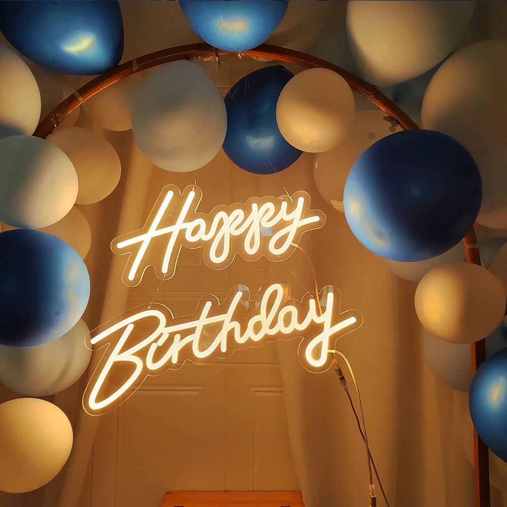 Large Size 'Happy Birthday' Customizable LED Light Neon Sign with Clear Acrylic Backer Dimmable Flexible Party Decor