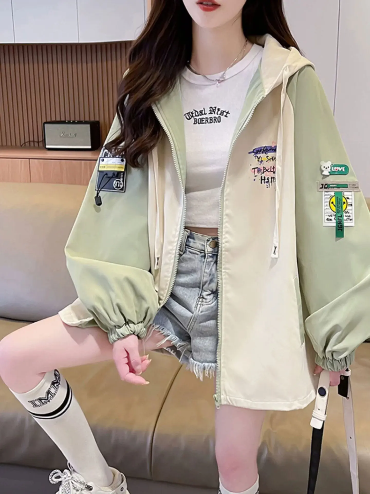 Trendy Baseball Jacket Women's Spring Autumn Loose Casual Large Size Hooded Windbreaker Workwear Jacket Student Commute Style