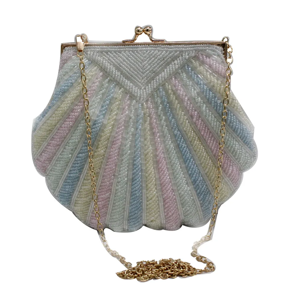British Style Retro Handmade Heavy Industry Beaded Shell Bag Women's Fashion Portable Messenger Dual-purpose White Beaded Bags