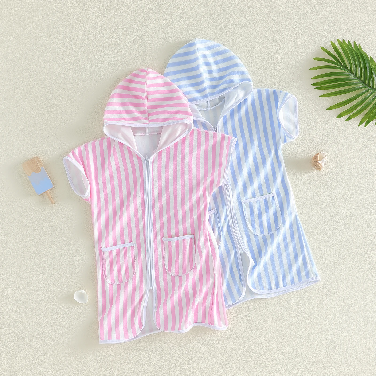 1-6Y Kids Cover-ups Striped Zip Up Short Sleeve Hooded Swimwear Robe Shawl for Beach Pool for Boys Girls Swimsuits