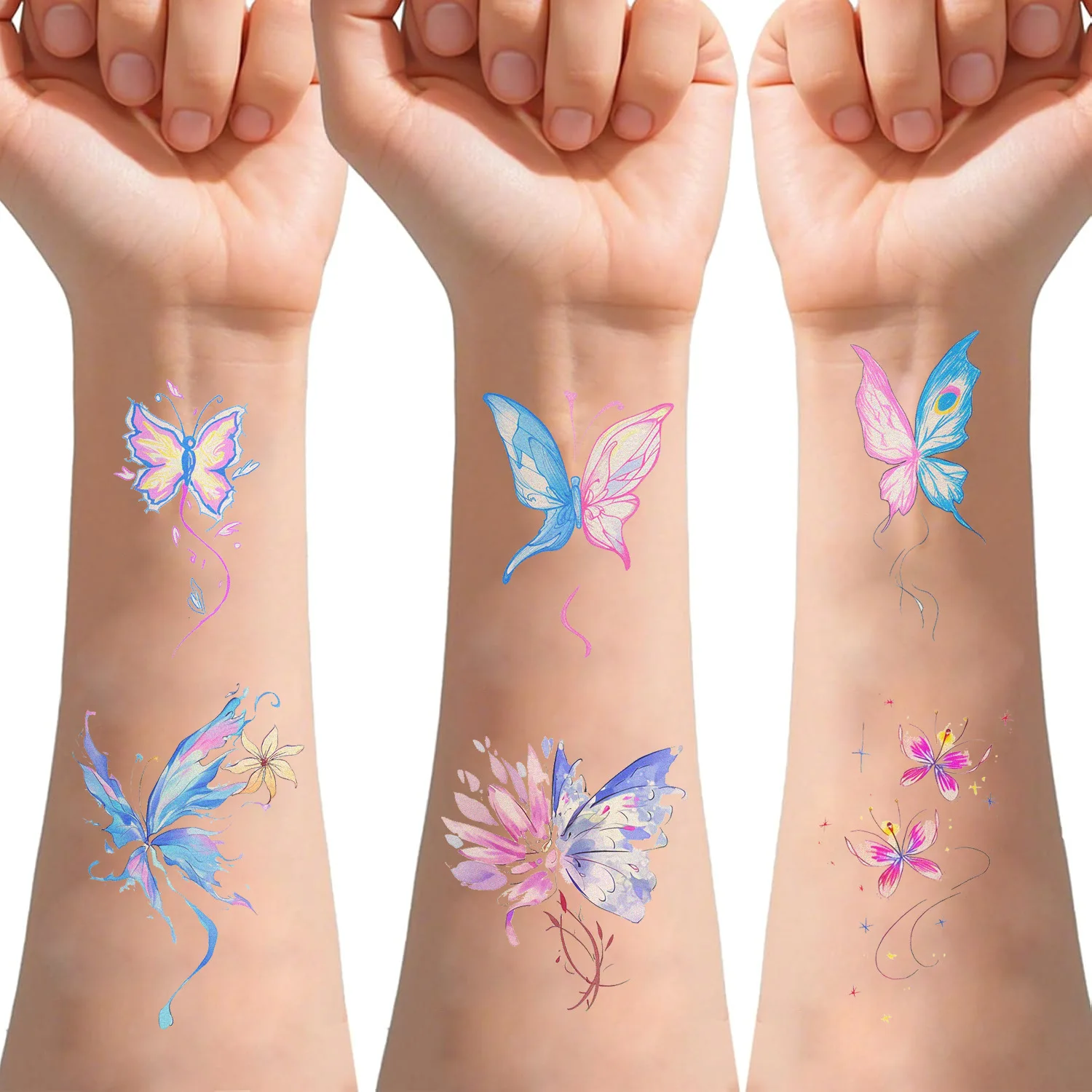 مادة لامعة ملونة على شكل فراشة ملصق وشم على شكل ذراع الفتاة ملصق وشم متقدم مقاوم للماء للرياح