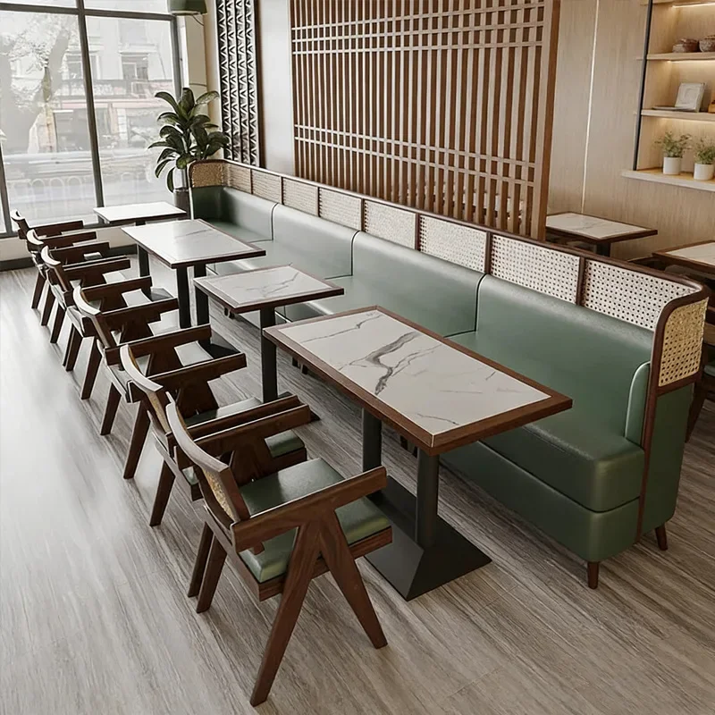 

Solid wood iron frame commercial restaurant wall-mounted card seat sofa set dining table and chairs 4 seats