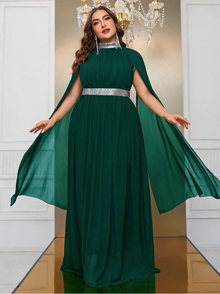 S-7xl Round Neck Sleeveless Shawl Dark Green Chiffon Floor Banquet Plus Size Chiffon Luxury Prom Evening Party For Women