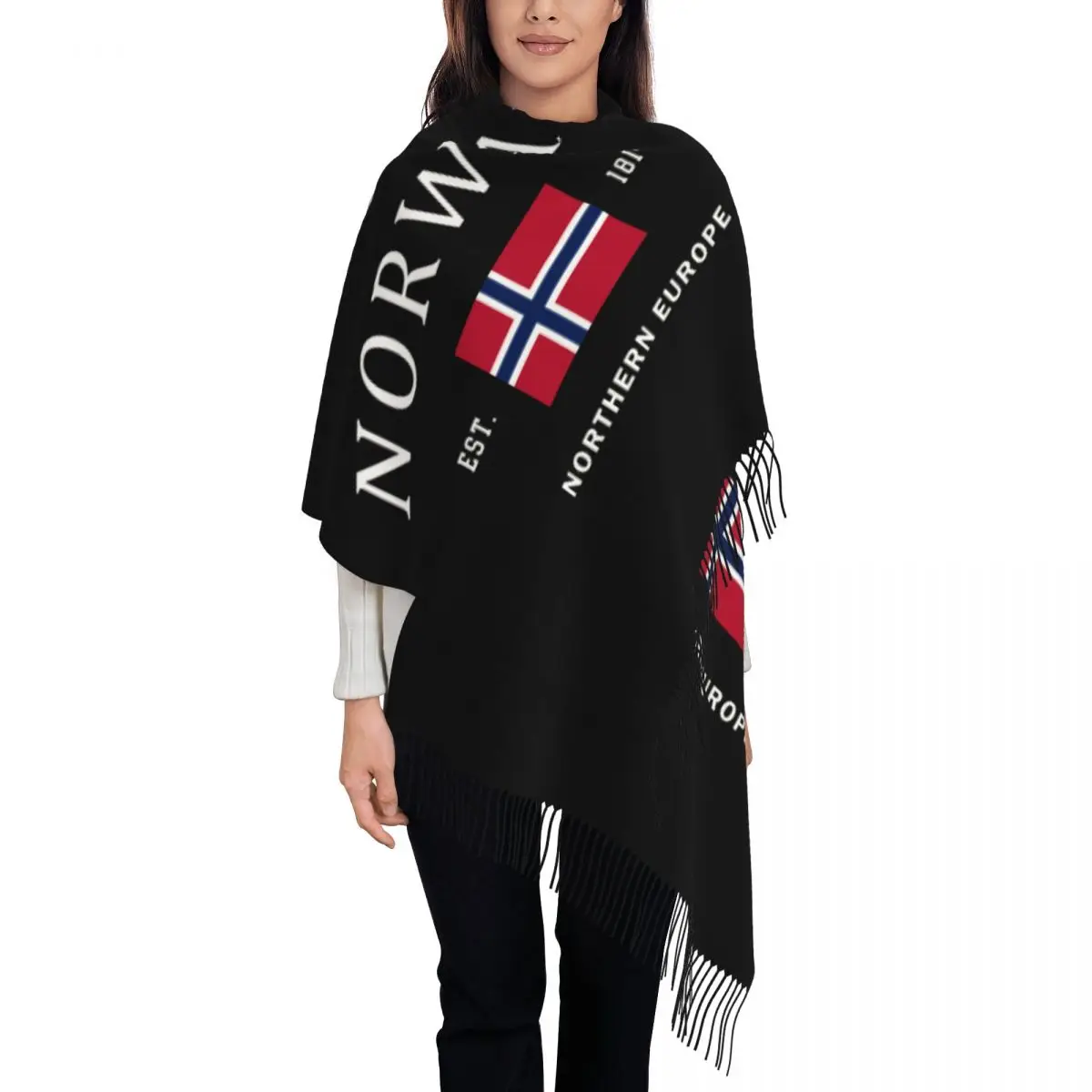 

Custom Norway Flag Tassel Scarf Women Soft Norwegian Patriotic Pride Shawls Wraps Ladies Winter Fall Scarves