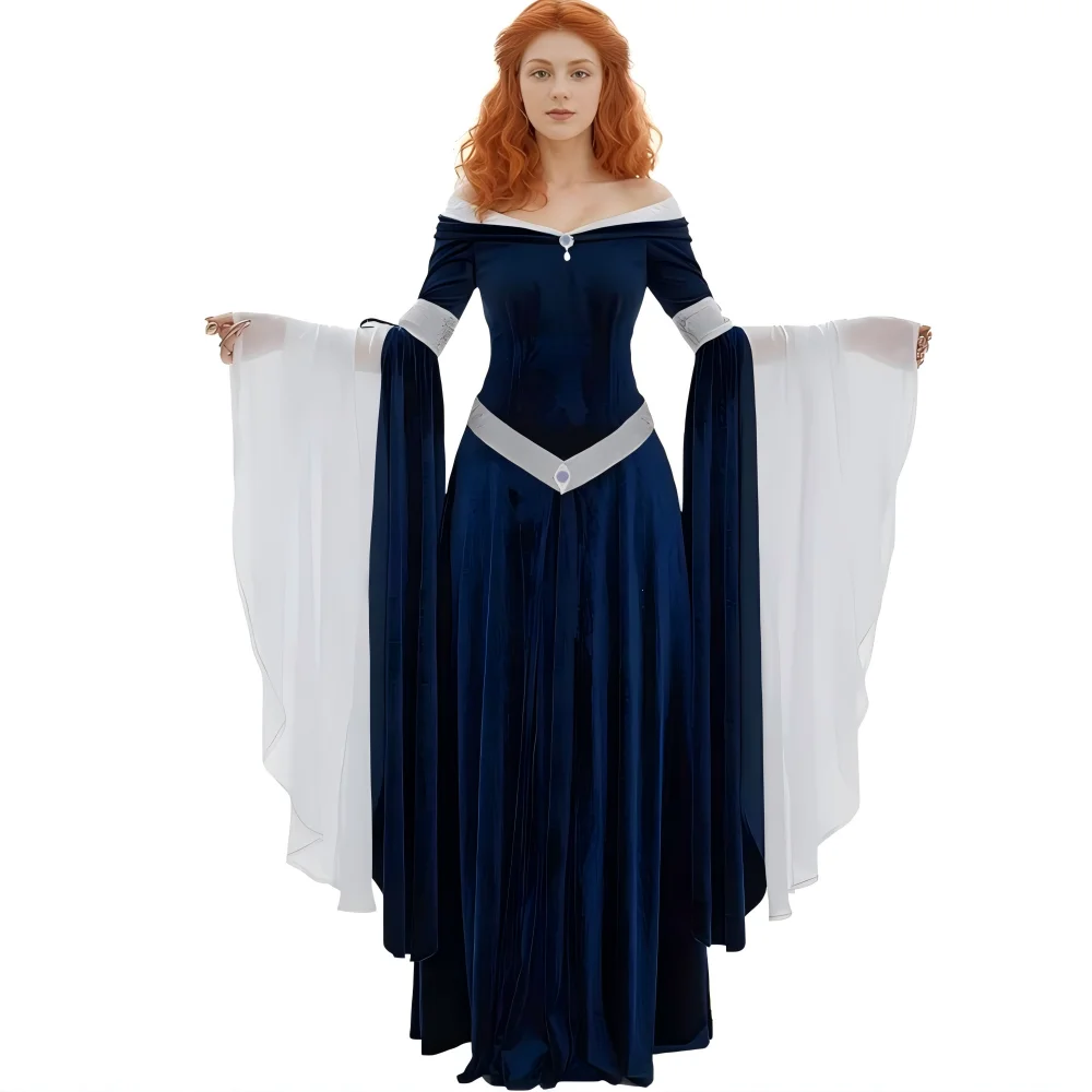 

DAIZBELLA Women's Medieval Renaissance Costume Elf Style Off Shoulder Green Velvet Long Slim-fit Dress with Chiffon Sleeves