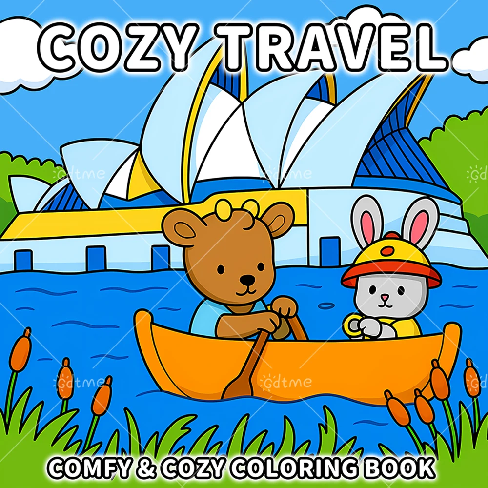 Cozy Travel Coloring Book, Whimsical Landmarks & Animal Travel Scenes for Adults, Relaxing Stress Relief Activity